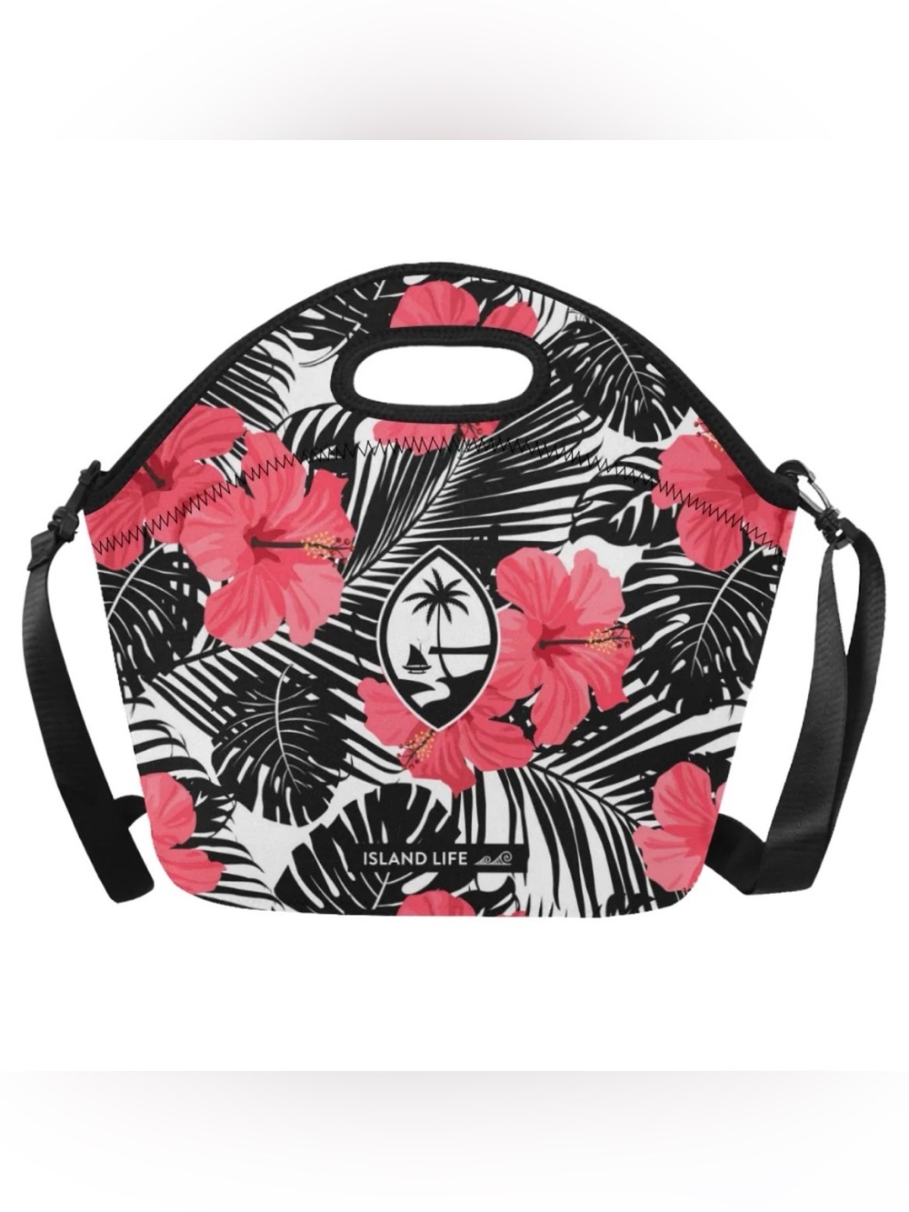Guam Tropical Hibiscus Leaves Lunch Tote Bag Size Large Like New - Black & Pink